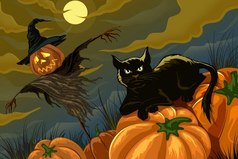 Хеллоуинский ужас - черный кот разбивает зеркало пустым ведром .